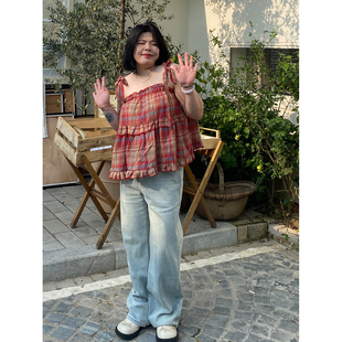 拖地直筒长裤 小胖噔两色阔腿牛仔裤 显瘦美式 女夏季 子 微胖宽松大码