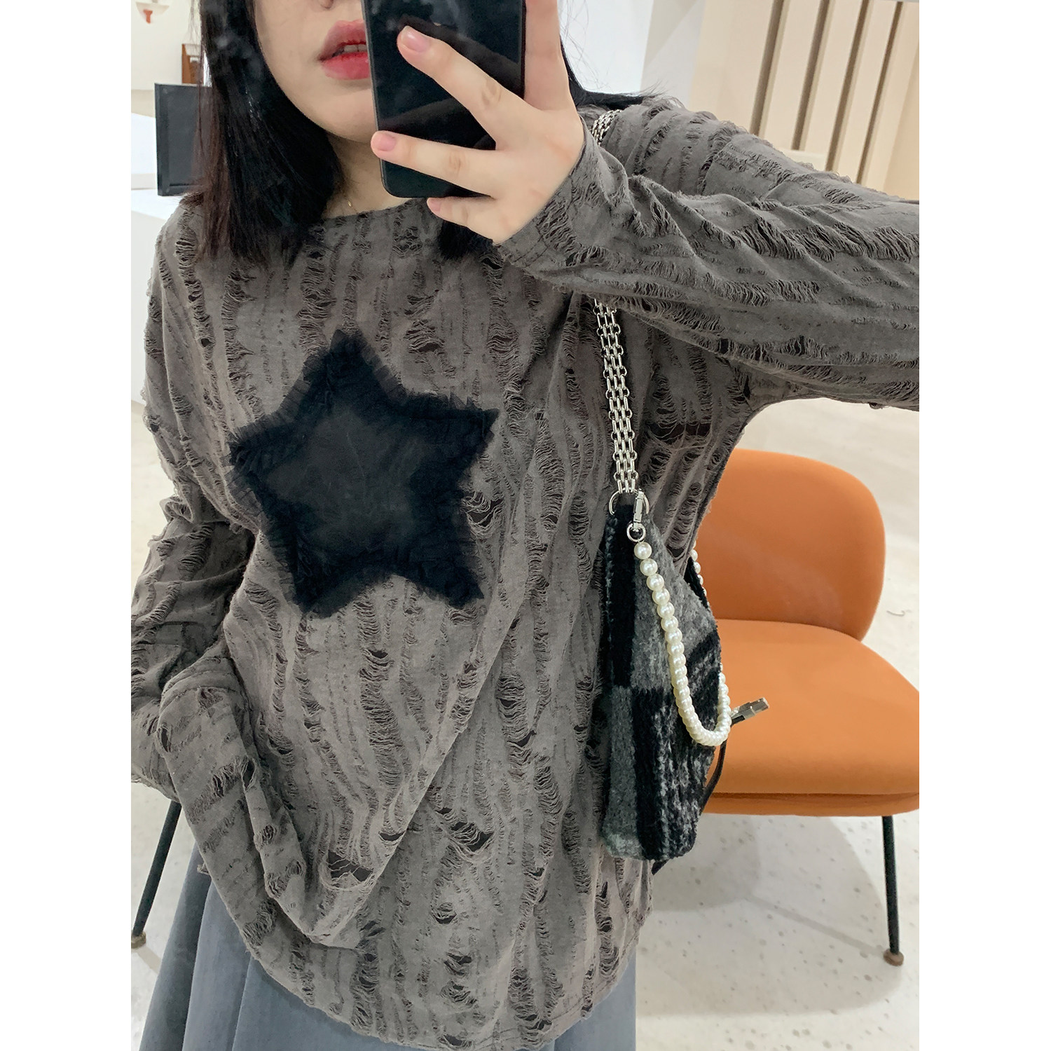 小胖噔 美式做旧镂空打底衫女秋冬大码胖mm宽松显瘦街头T恤上衣
