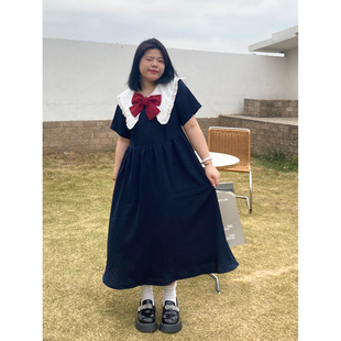 小胖噔 甜美A字长裙子 蝴蝶结娃娃领连衣裙女夏季 胖mm显瘦微胖大码