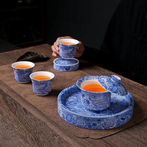 龙腾盛世青花悬停盖碗家用陶瓷泡茶碗敬茶碗茶杯档礼品功夫茶具
