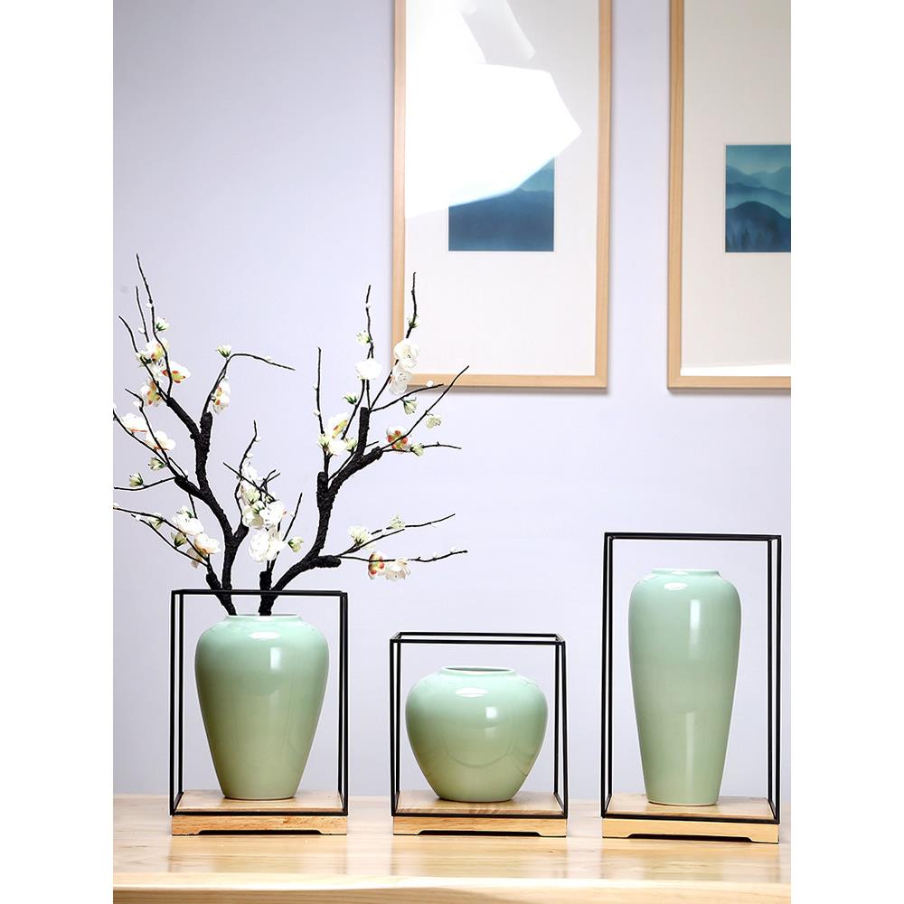 景德镇青色陶瓷花瓶创意手工中式客厅书房插花工艺品套装