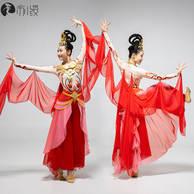 新款敦煌演出服舞蹈红色古典成人图片