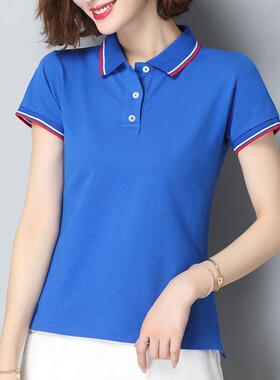 有翻领POLO衫女宽松条纹短袖上衣大码夏定制印字LOGO丝光纯棉T恤