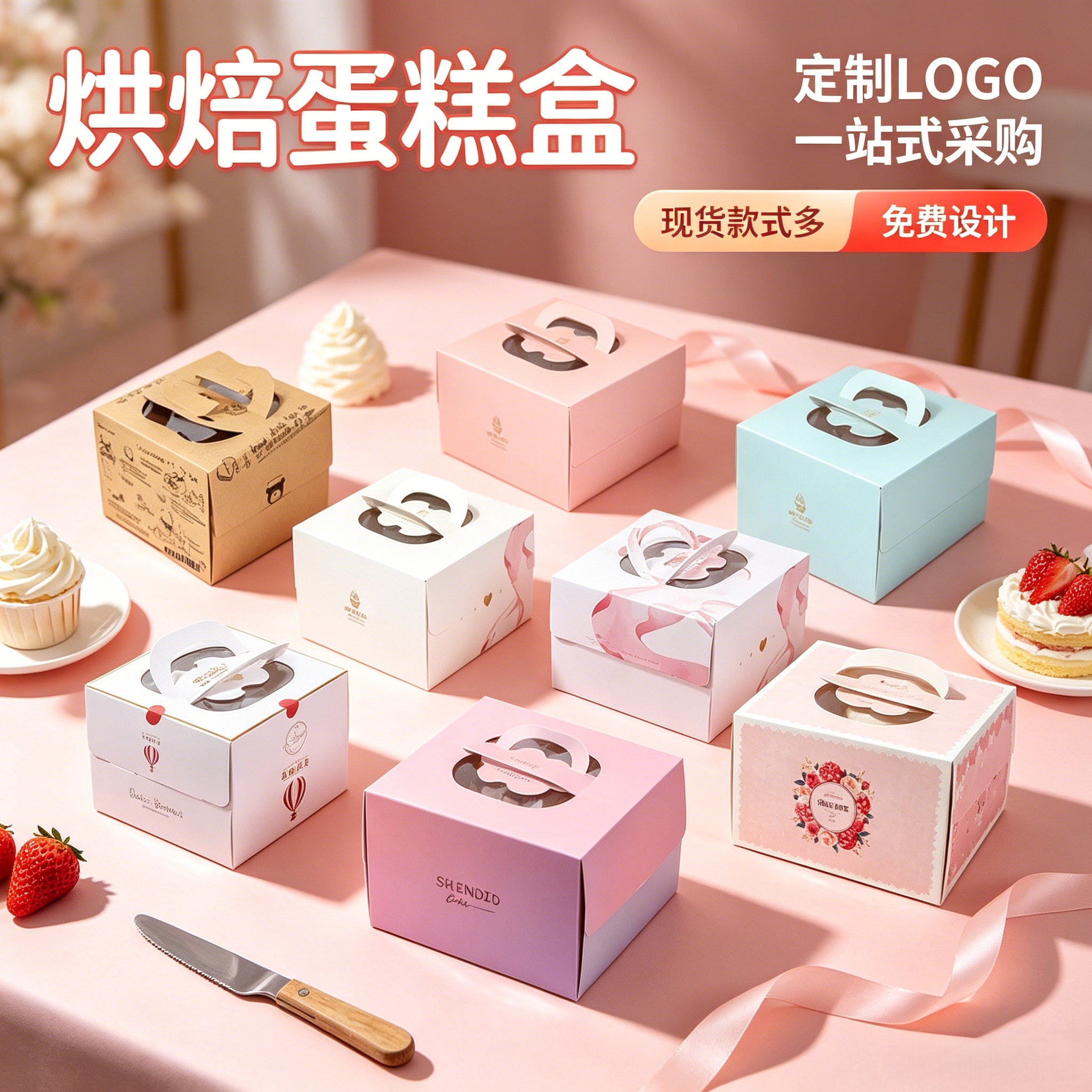 现货6寸8寸10寸方形烫金生日蛋糕盒子手提奶油慕斯西点烘焙包装盒