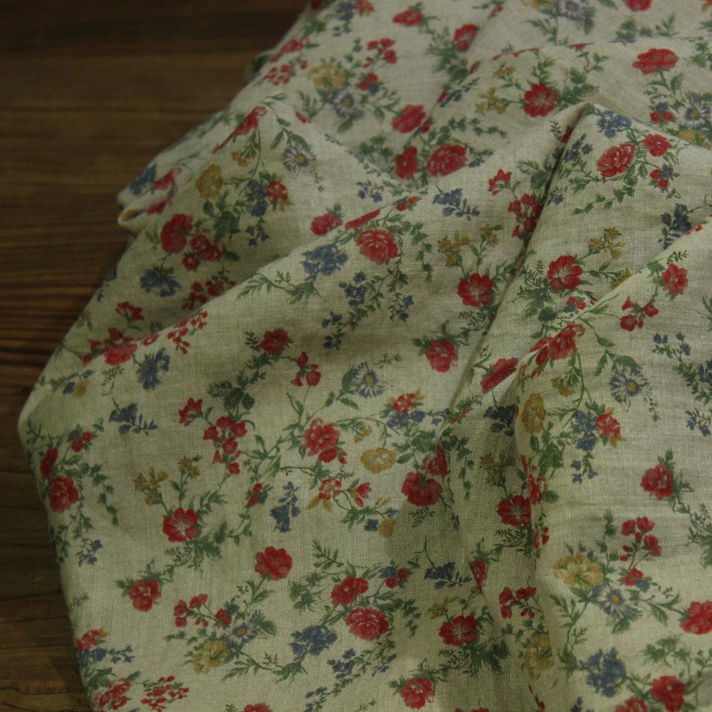 瓦娜家原创设计27支雨露麻印花面料衬衫裙袍子小红花亚麻服装布料