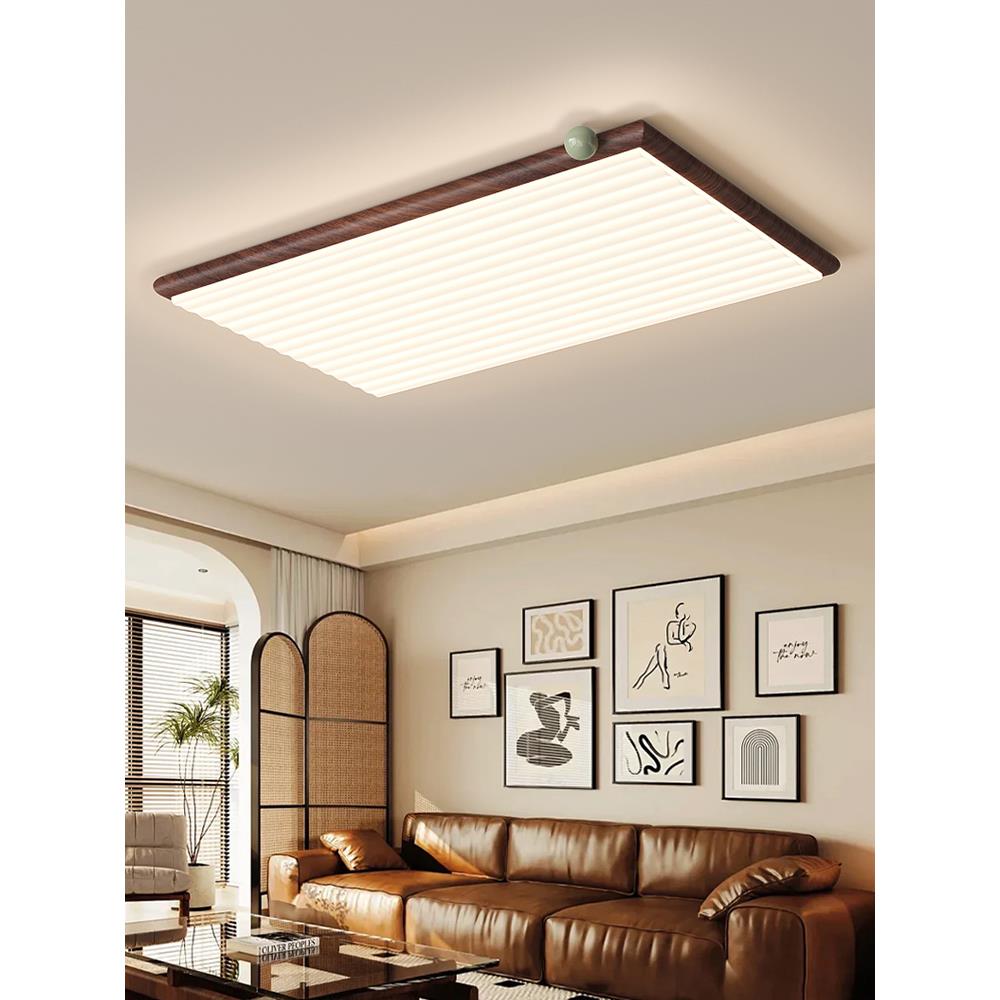 中世纪风格客厅吸顶灯，超亮高端，新中式核桃木纹护眼，超薄卧室