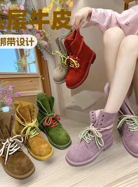 头层牛皮马丁靴女款2025欧美风夏季新款女款绿色开春双绑带机车靴