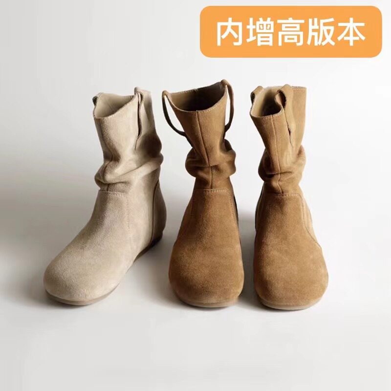 真皮复古内增高勃肯短靴女秋冬马丁靴圆头平底短筒显瘦中筒堆堆靴