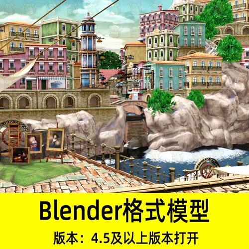 Blender风格化卡通威尼斯地中海水城港口小镇场景3D模型设计素材