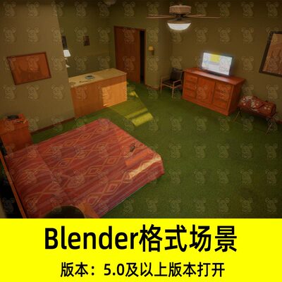 Blender复古风格汽车旅馆大床房卧室电视剧入门柜场景3D模型素材
