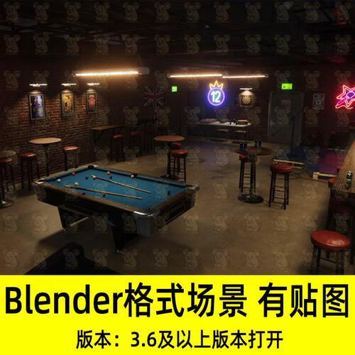 Blender英国酒吧夜晚霓虹灯牌台球桌场景3D模型设计素材