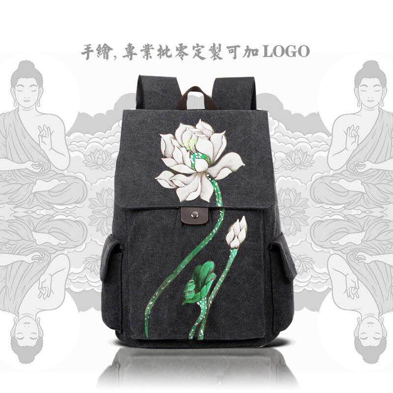 特卖复古文艺女包手工手绘荷花帆布包时尚双肩包男包学生背包高品