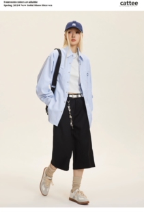 春秋季 男女同款 宽松百搭情侣上衣衬衣 衬衫 Cattee笑脸刺绣条纹长袖