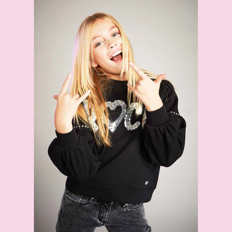 时尚泡泡袖 意大利童装 秋冬酷黑棉拉绒保暖女童宽松卫衣母女