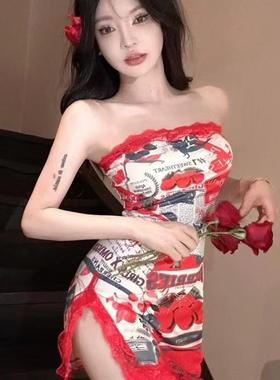 网红女主播红色抹胸蕾丝印花百搭抹胸辣妹修身甜美裹胸包臀连衣裙