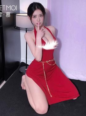 夜店场性感露背收腰显瘦红色挂脖连衣裙女名媛气质开衩中长款修身
