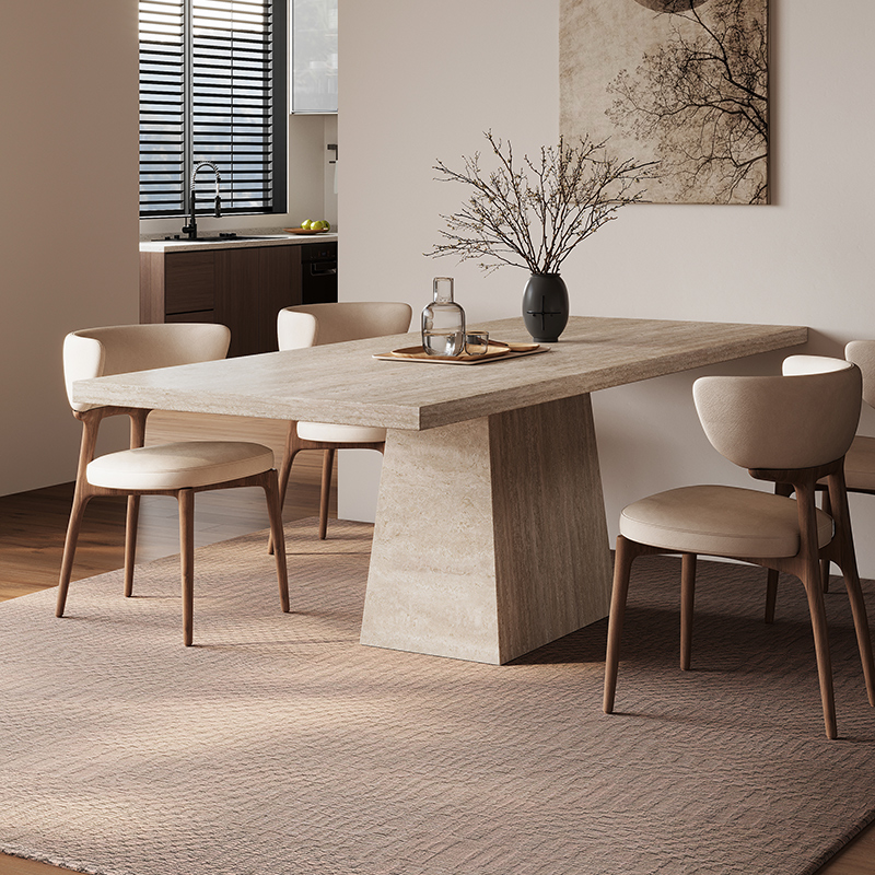 侘寂风洞石家用长方形岩板餐桌