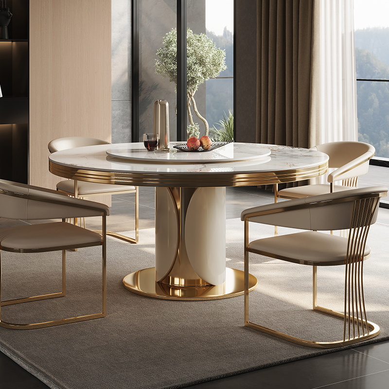 古调圆形岩板餐桌椅组合