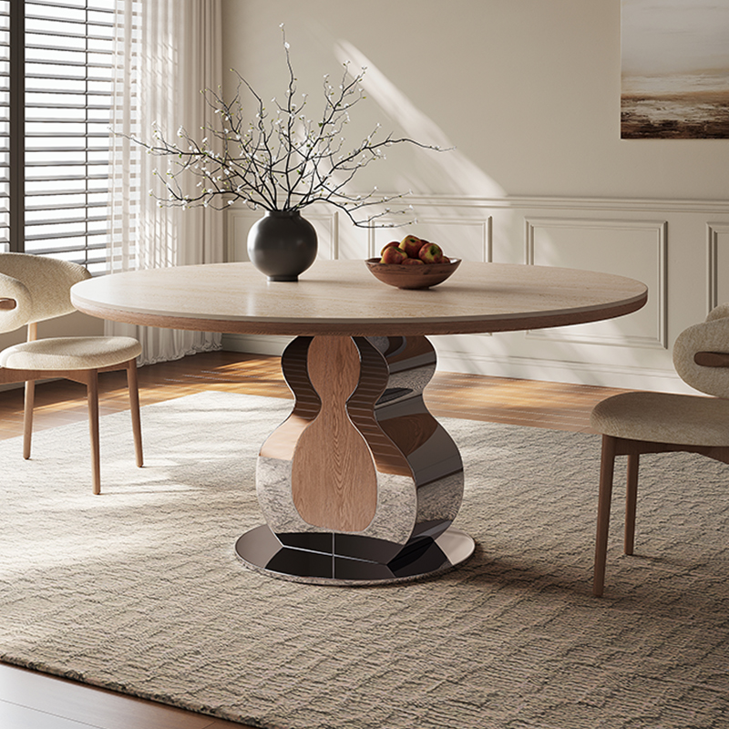 古调福禄侘寂风洞石岩板意式家用高级感小户型圆桌现代简约餐桌椅