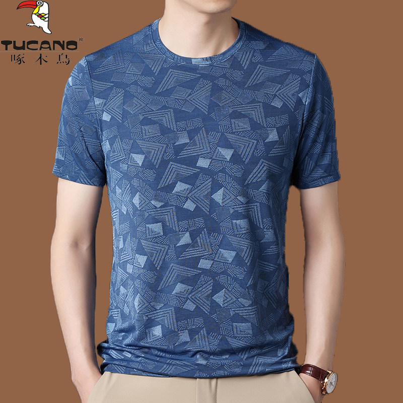 啄木鸟高端冰丝短袖T恤男圆领薄款真丝半袖时尚潮流桑蚕丝体恤衫