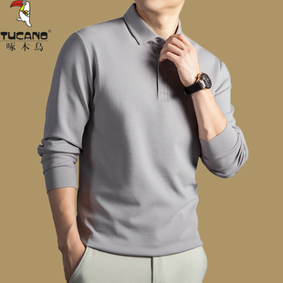 啄木鸟秋季新款长袖t恤男士商务休闲纯棉上衣宽松翻领纯色polo衫