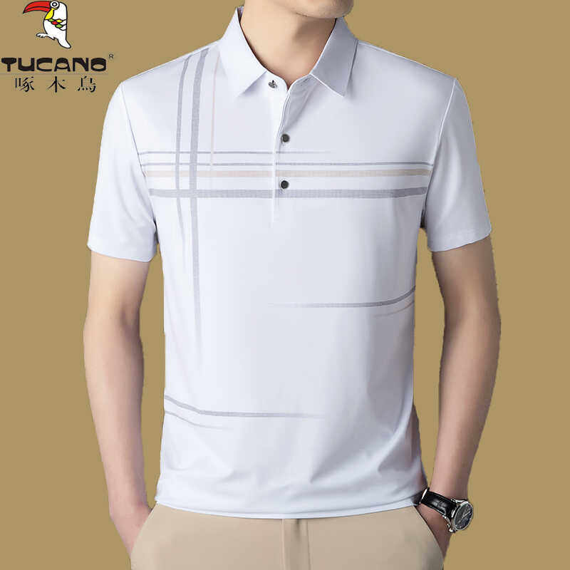 啄木鸟高档冰丝短袖t恤男士宽松条纹半袖夏季薄款桑蚕丝Polo衫潮