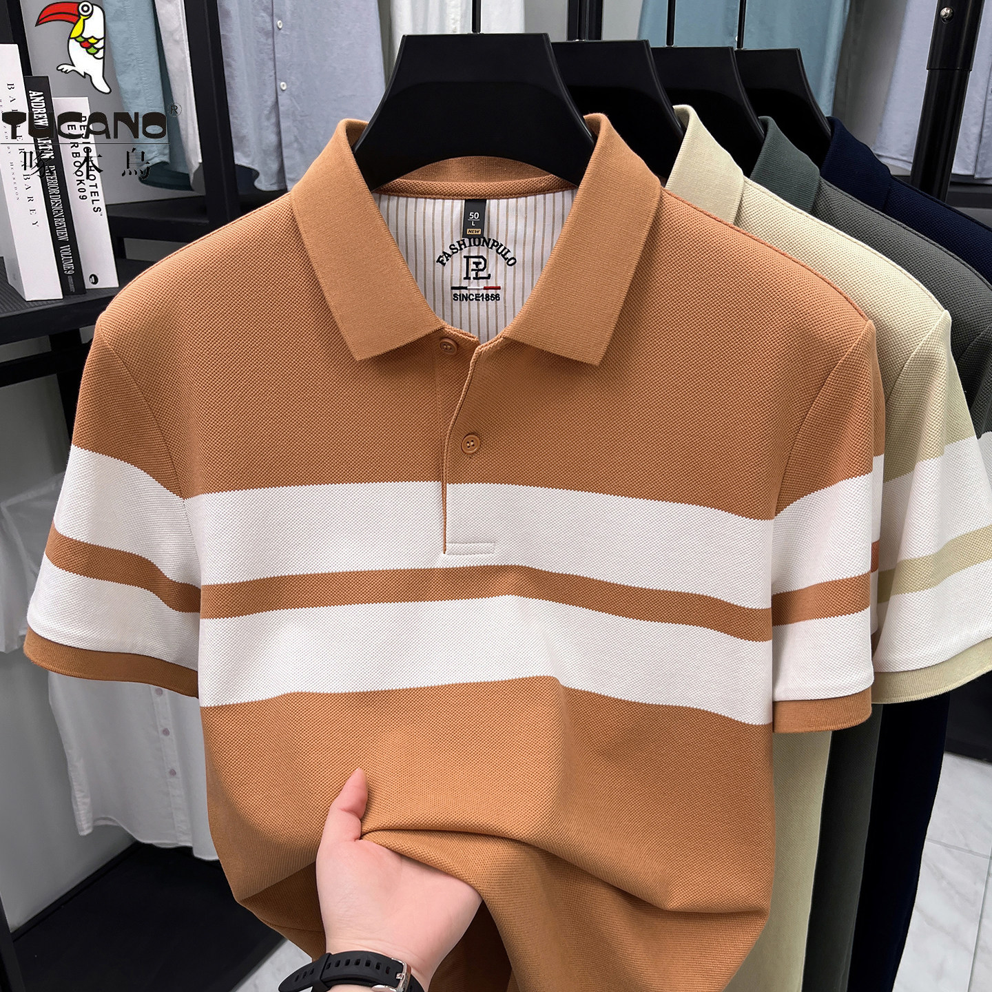 啄木鸟夏季丝光棉短袖t恤男士休闲翻领透气吸汗条纹冰丝Polo衫潮T