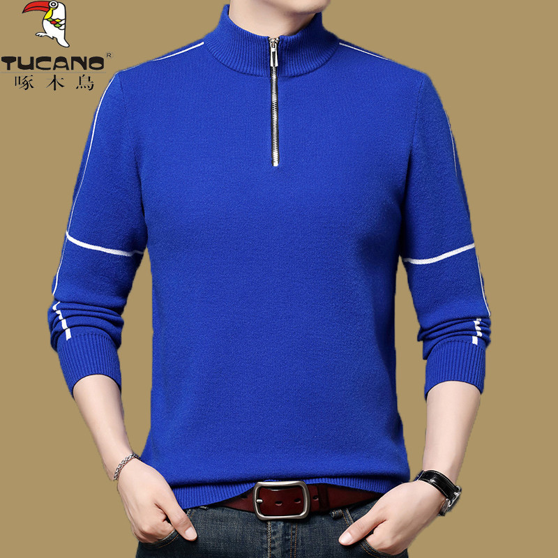 啄木鸟秋冬款半拉链针织毛衣男士加厚羊毛衫中年半高领羊绒打底衫