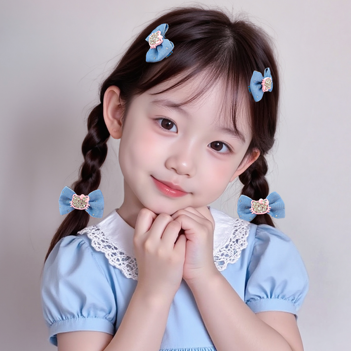 女儿童发卡蓝色蝴蝶结KT猫发夹宝宝前额侧边刘海碎发夹不伤发发饰