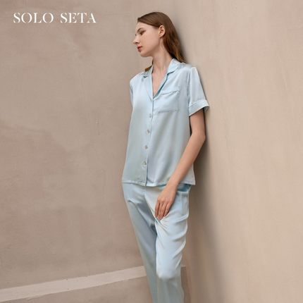 Solo seta22姆米真丝睡衣套装女短袖长裤桑蚕丝家居服纯色丝绸春