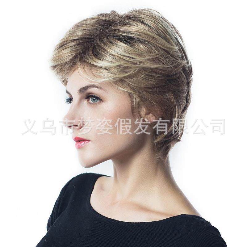 新款直销假发女士短发 金色黑根渐变发型银灰短卷发源头