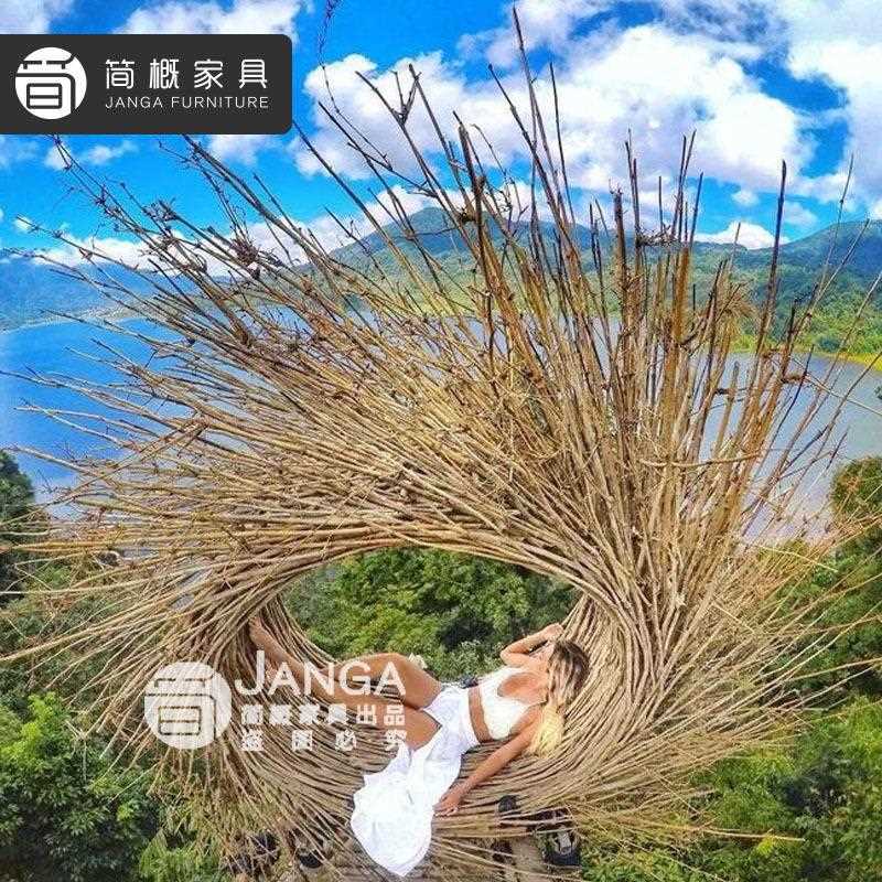 新款直销巴厘岛网红藤编鸟巢秋千景区婚纱拍摄道具创意悬挂圆形床