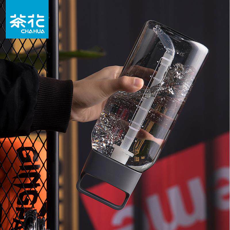 新款直销茶花大容量水壶水杯男女健身户外运动水杯带刻度吸管太空