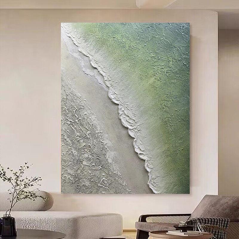新款直销手绘油画纯手工客厅装饰画侘寂风绿色肌理画石英砂立体挂