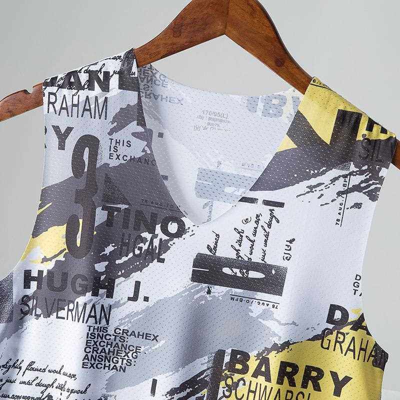 新款直销印花冰丝背心男士无痕运动镂空打底衫V领无袖夏季薄款男T