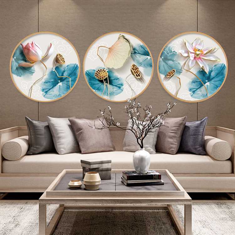 新款直销新中式荷花装饰画客厅现代简约圆形画玄关走廊茶室书房挂图片