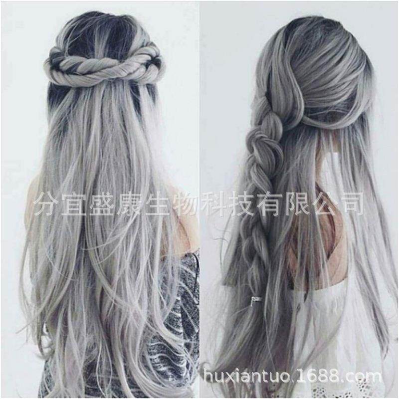 新款直销时尚欧美假发新款女士长卷发微卷中分大波浪黑灰染色渐变