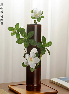 大漆竹制花器仿真花插花器复古