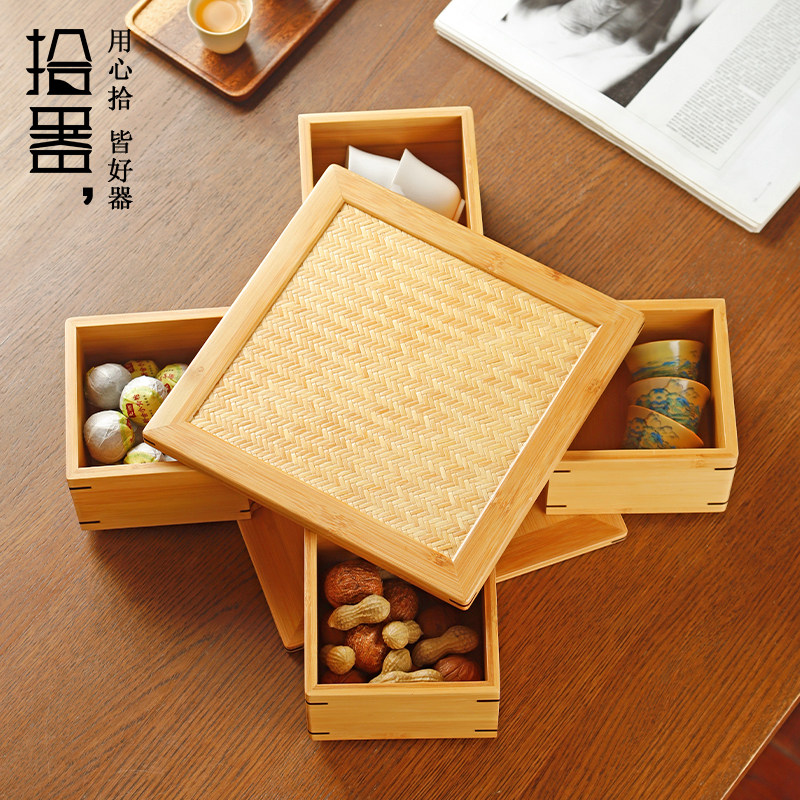 竹制旋转多格盘四宫格茶点盘