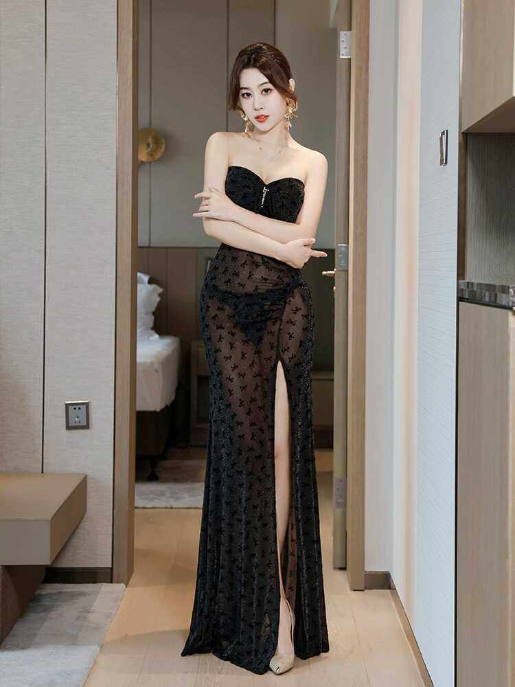 2024新款夜场性感的工作裙子修身显瘦裹胸蕾丝薄纱透视黑色长裙