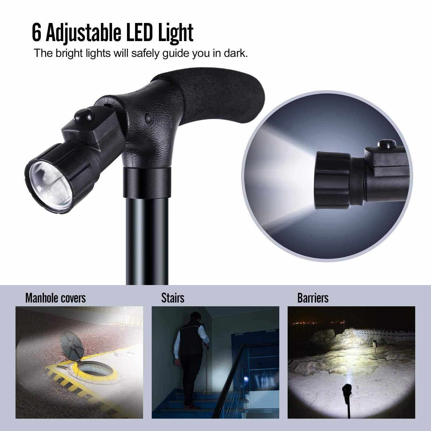 新款直销工厂生产拐棍带灯老人手杖铝合金折叠四角不倒翁登山