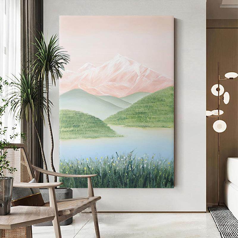 新款直销奶油风客厅玄关手绘油画装饰画抽象青山绿水风景高级感落