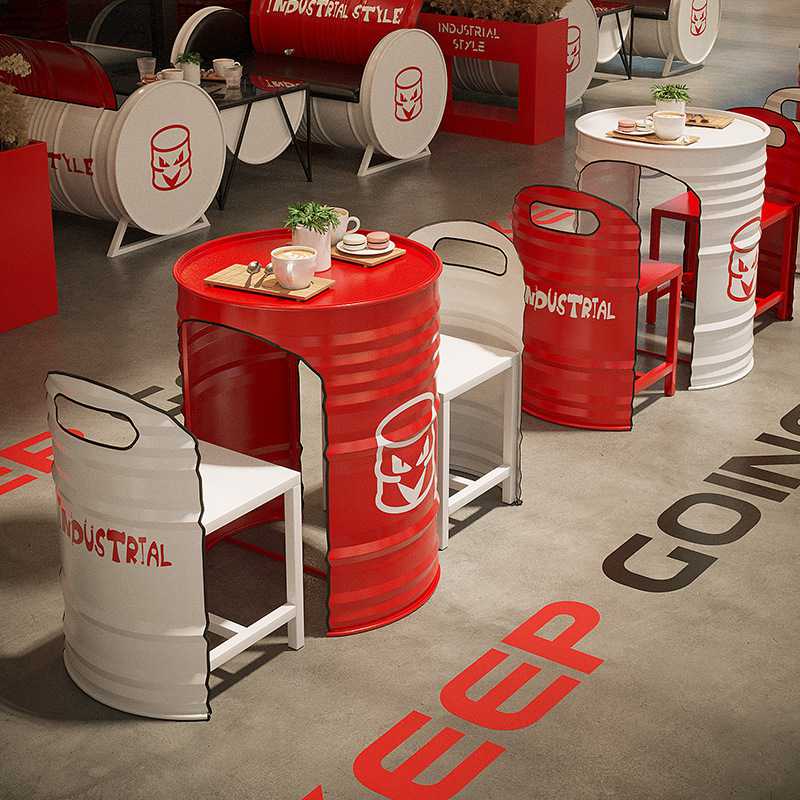 新款直销工业风创意网红咖啡厅油桶沙发酒吧奶茶店休息简约铁艺桌