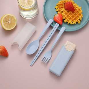 新款直销小麦秸秆餐具三件套勺子叉子筷子学生户外便携式餐具礼品