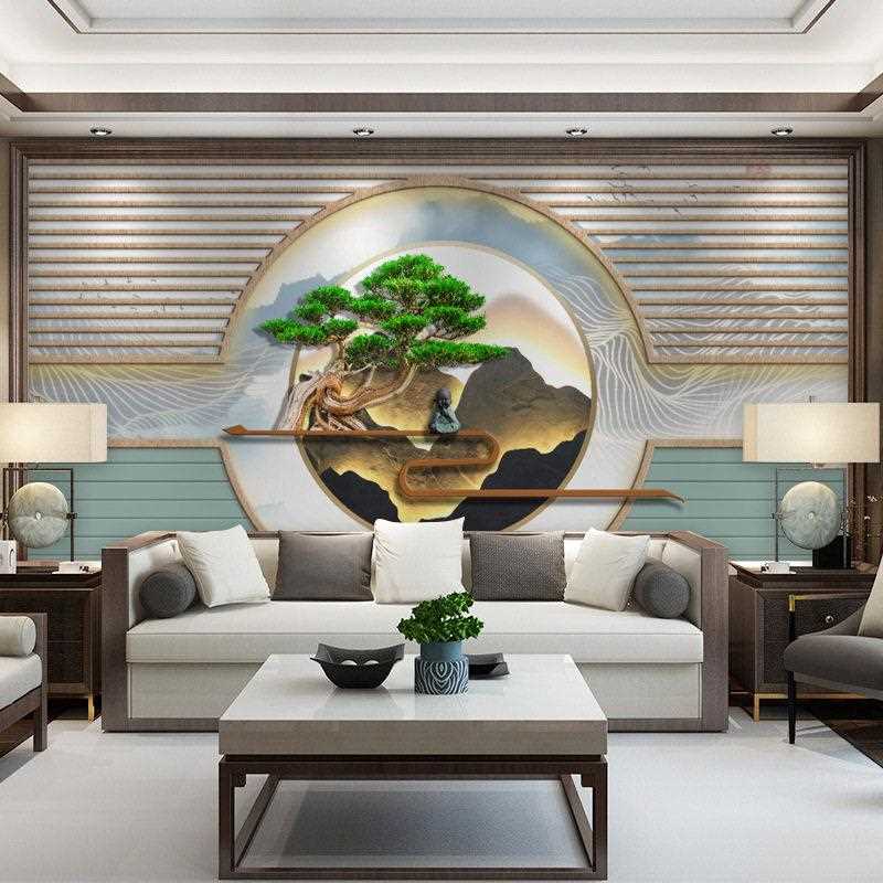 新款直销新中式迎客松墙纸山水壁画养生馆会所8D客厅电视背景墙壁