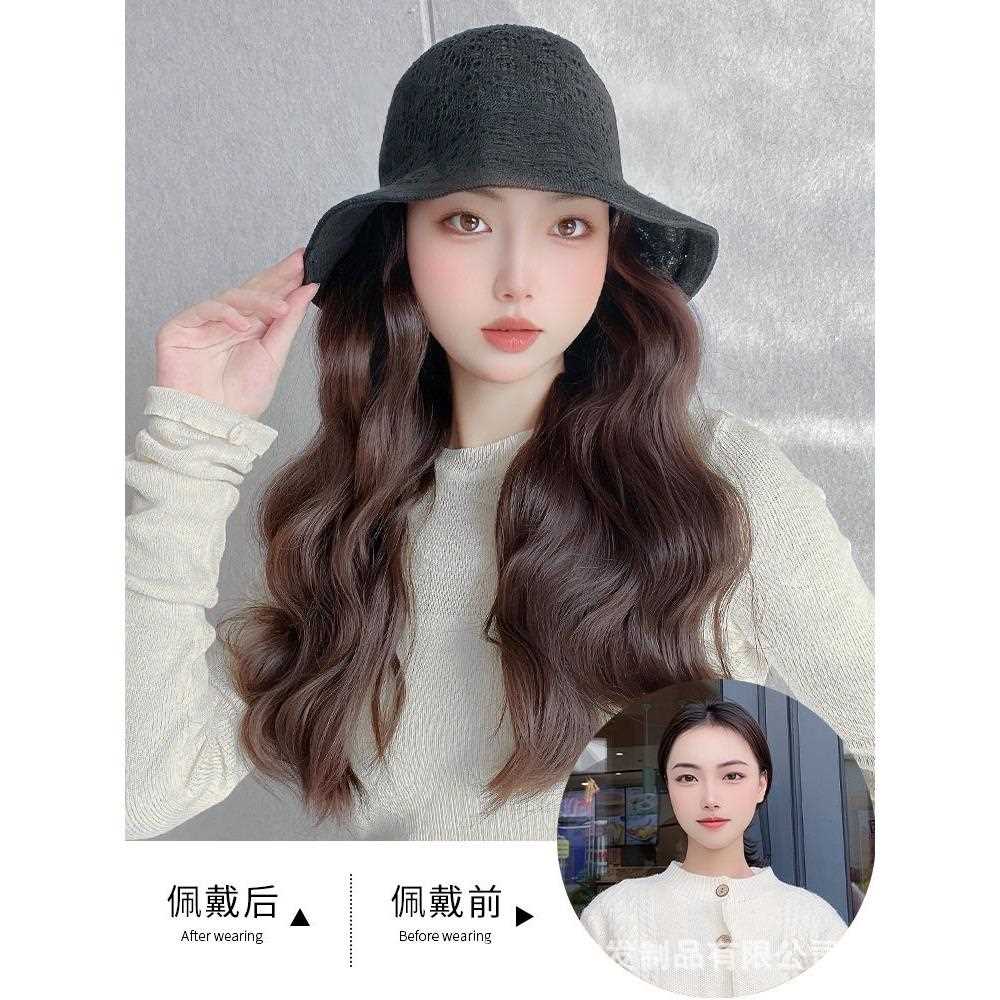 新款直销假发女长卷发帽子一体时尚夏空顶帽遮阳防晒镂空渔夫帽仿