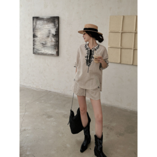 莱赛尔亚麻复古度假风暗纹刺绣肌理套装 芝芝 墨色诗境