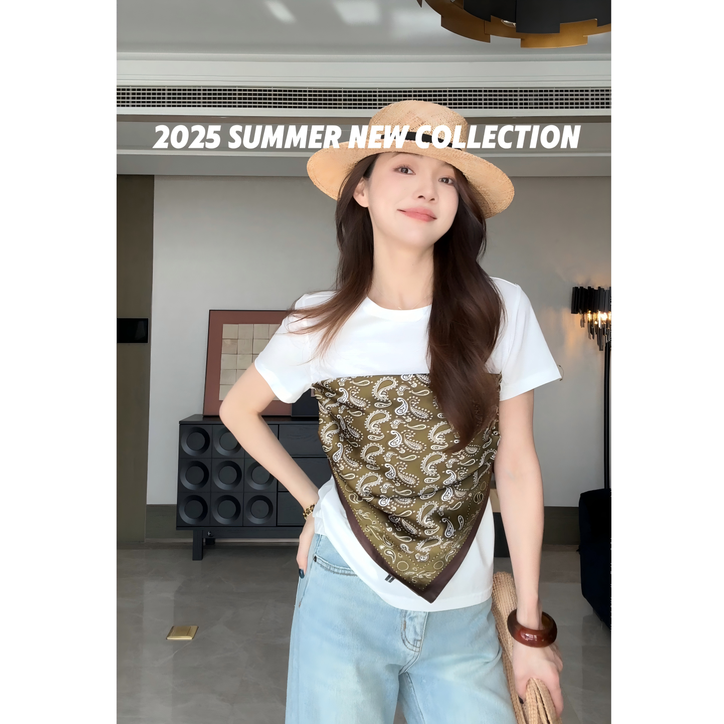现货芝芝【敦煌拾遗】夏季女韩系丝巾拼接假两件短袖