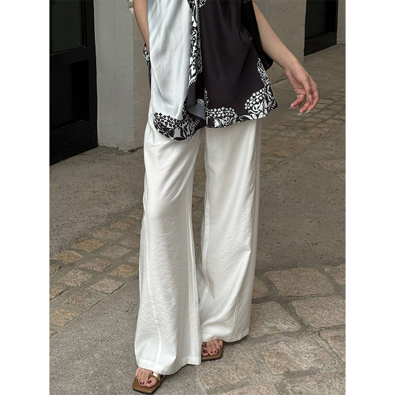 芝芝【绣影雅白】时尚简约腰头刺绣高腰直筒显瘦休闲裤