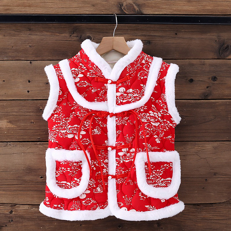 儿童加绒加厚保暖马甲坎肩背心女童女孩宝宝中式国风拜年服马夹